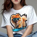 Tシャツ レディース 犬ファン 半袖 春夏 犬柄 プリント カジュアル かわいい 人間用 フィットネス ダンス サングラス ポメラニアン スケートボード(4)