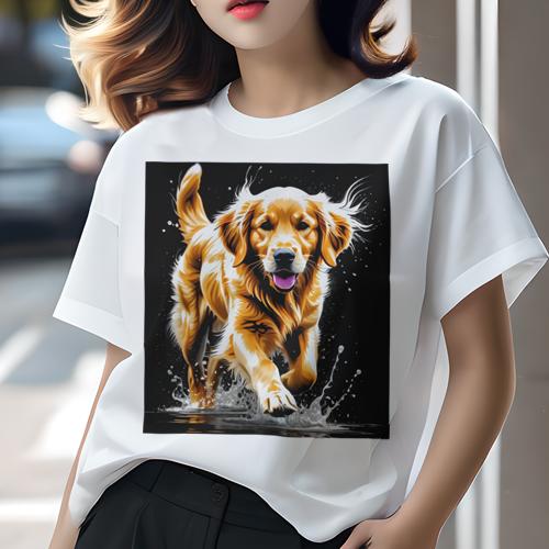 Tシャツ レディース 犬ファン 半袖 春夏 犬柄 プリント カジュアル かわいい 人間用 フィットネス ダンス 水しぶき ゴールデンレトリバー アート