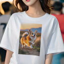 Tシャツ レディース 犬ファン 半袖 春夏 犬柄 プリント カジュアル かわいい 人間用 フィットネス ダンス 夕焼け コーギー 草原 砂の道(4)
