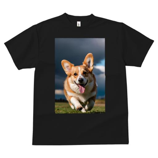 Tシャツ メンズ キッズ 犬ファン 半袖 春夏 犬柄 プリント カジュアル かわいい 人間用 フィットネス ダンス 笑顔 ウェルシュコーギー 舌 走る 草原