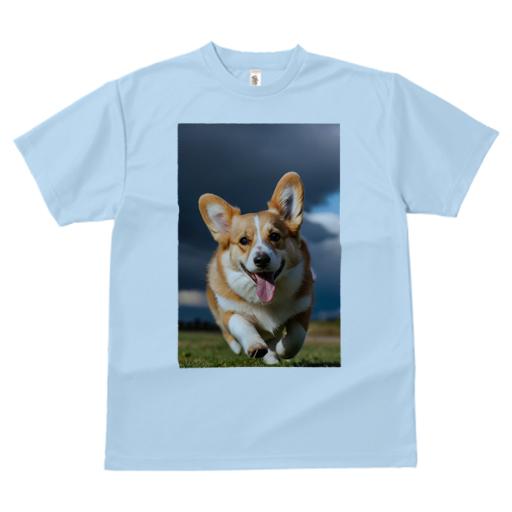 Tシャツ メンズ キッズ 犬ファン 半袖 春夏 犬柄 プリント カジュアル かわいい 人間用 フィットネス ダンス 笑顔 ウェルシュコーギー 舌 走る 草原