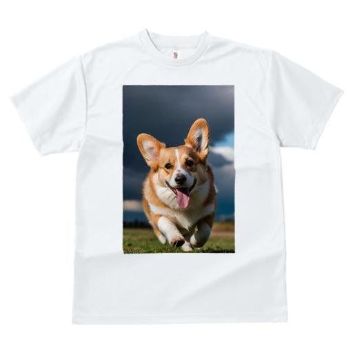 Tシャツ メンズ キッズ 犬ファン 半袖 春夏 犬柄 プリント カジュアル かわいい 人間用 フィットネス ダンス 笑顔 ウェルシュコーギー 舌 走る 草原