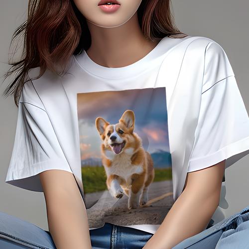 Tシャツ レディース 犬ファン 半袖 春夏 犬柄 プリント カジュアル かわいい 人間用 フィットネス ダンス 夕焼け コーギー 山(4)