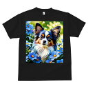 Tシャツ メンズ キッズ 犬ファン 半袖 春夏 犬柄 プリント カジュアル かわいい 人間用 フィットネス ダンス 花 パピヨン 青い花 春 自然