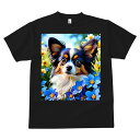 Tシャツ メンズ キッズ 犬ファン 半袖 春夏 犬柄 プリント カジュアル かわいい 人間用 フィットネス ダンス 花 パピヨン 青い花 黄色い花 春