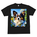 Tシャツ メンズ キッズ 犬ファン 半袖 春夏 犬柄 プリント カジュアル かわいい 人間用 フィットネス ダンス 花 パピヨン 青い花 空 春