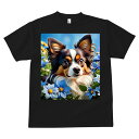Tシャツ メンズ キッズ 犬ファン 半袖 春夏 犬柄 プリント カジュアル かわいい 人間用 フィットネス ダンス 花 パピヨン 青い花 空 春