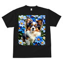 Tシャツ メンズ キッズ 犬ファン 半袖 春夏 犬柄 プリント カジュアル かわいい 人間用 フィットネス ダンス 花 パピヨン 青い花 デイジー