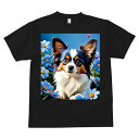 Tシャツ メンズ キッズ 犬ファン 半袖 春夏 犬柄 プリント カジュアル かわいい 人間用 フィットネス ダンス 花 パピヨン 青い花 春 可愛い