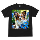 Tシャツ メンズ キッズ 犬ファン 半袖 春夏 犬柄 プリント カジュアル かわいい 人間用 フィットネス ダンス 花 パピヨン 青い花 癒し