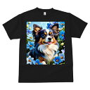 Tシャツ メンズ キッズ 犬ファン 半袖 春夏 犬柄 プリント カジュアル かわいい 人間用 フィットネス ダンス 花 パピヨン 青い花 春