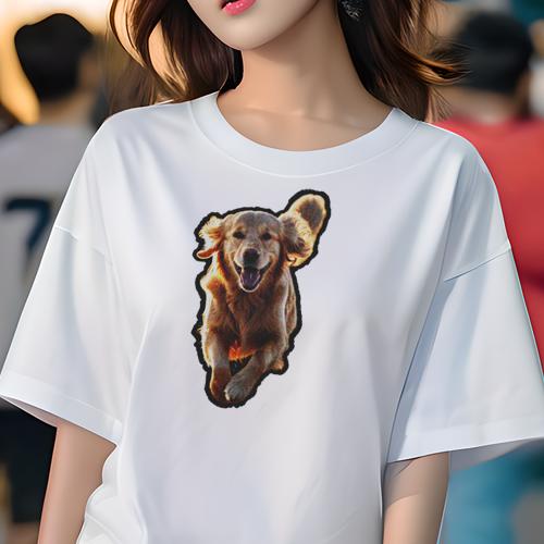 Tシャツ レディース 犬ファン 半袖 春夏 犬柄 プリント カジュアル かわいい 人間用 フィットネス ダンス 笑顔 ゴールデンレトリバー 躍動感 太陽 光