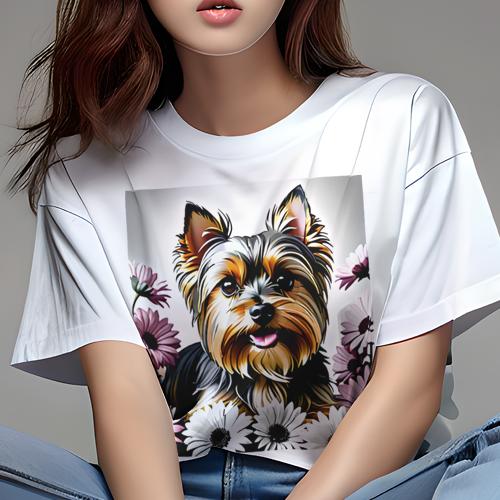 Tシャツ レディース 犬ファン 半袖 春夏 犬柄 プリント カジュアル かわいい 人間用 フィットネス ダンス 花 ヨークシャーテリア
