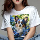 Tシャツ レディース 犬ファン 半袖 春夏 犬柄 プリント カジュアル かわいい 人間用 フィットネス ダンス 花 パピヨン 青い花 春 自然
