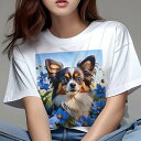 Tシャツ レディース 犬ファン 半袖 春夏 犬柄 プリント カジュアル かわいい 人間用 フィットネス ダンス 花 パピヨン 青い花 空 草