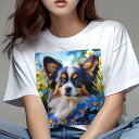 Tシャツ レディース 犬ファン 半袖 春夏 犬柄 プリント カジュアル かわいい 人間用 フィットネス ダンス 花 パピヨン 青い花 黄色い花 春