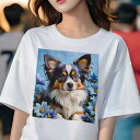 Tシャツ レディース 犬ファン 半袖 春夏 犬柄 プリント カジュアル かわいい 人間用 フィットネス ダンス 花 パピヨン 青い花 空