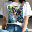 Tシャツ レディース 犬ファン 半袖 春夏 犬柄 プリント カジュアル かわいい 人間用 フィットネス ダンス 花 パピヨン 青い花 春 自然