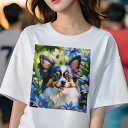Tシャツ レディース 犬ファン 半袖 春夏 犬柄 プリント カジュアル かわいい 人間用 フィットネス ダンス 花 パピヨン 青い花 春 自然