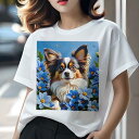 Tシャツ レディース 犬ファン 半袖 春夏 犬柄 プリント カジュアル かわいい 人間用 フィットネス ダンス 花 パピヨン 青い花 春 自然