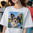 Tシャツ レディース 犬ファン 半袖 春夏 犬柄 プリント カジュアル かわいい 人間用 フィットネス ダンス 花 パピヨン 青い花 空 春