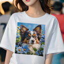 Tシャツ レディース 犬ファン 半袖 春夏 犬柄 プリント カジュアル かわいい 人間用 フィットネス ダンス 花 パピヨン 青い花 空 春
