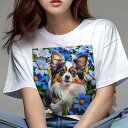 Tシャツ レディース 犬ファン 半袖 春夏 犬柄 プリント カジュアル かわいい 人間用 フィットネス ダンス 花 パピヨン 青い花 デイジー
