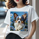 Tシャツ レディース 犬ファン 半袖 春夏 犬柄 プリント カジュアル かわいい 人間用 フィットネス ダンス 花 パピヨン 青い花 春 可愛い