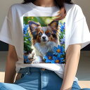 Tシャツ レディース 犬ファン 半袖 春夏 犬柄 プリント カジュアル かわいい 人間用 フィットネス ダンス 花 パピヨン 青い花 かわいい 癒し