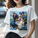 Tシャツ レディース 犬ファン 半袖 春夏 犬柄 プリント カジュアル かわいい 人間用 フィットネス ダンス 花 パピヨン 青い花 春