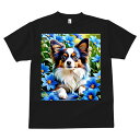 Tシャツ メンズ キッズ 犬ファン 半袖 春夏 犬柄 プリント カジュアル かわいい 人間用 フィットネス ダンス 花 パピヨン 青い花 春 自然