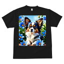 Tシャツ メンズ キッズ 犬ファン 半袖 春夏 犬柄 プリント カジュアル かわいい 人間用 フィットネス ダンス 花 パピヨン 青い花 春 自然