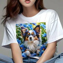 Tシャツ レディース 犬ファン 半袖 春夏 犬柄 プリント カジュアル かわいい 人間用 フィットネス ダンス 花 パピヨン 青い花 春 自然