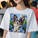 Tシャツ レディース 犬ファン 半袖 春夏 犬柄 プリント カジュアル かわいい 人間用 フィットネス ダンス 花 パピヨン 青い花 春 自然