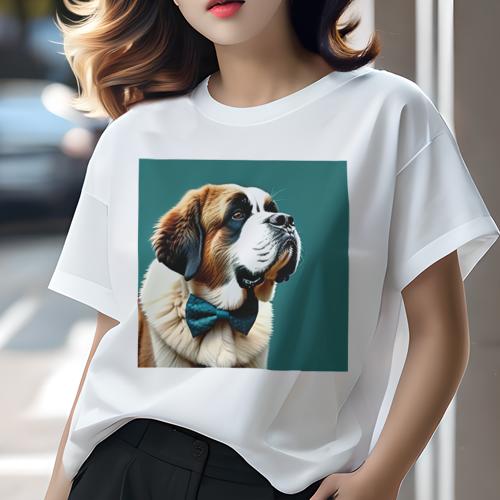 Tシャツ レディース 犬ファン 半袖 春夏 犬柄 プリント カジュアル かわいい 人間用 フィットネス ダンス 蝶ネクタイ セントバーナード
