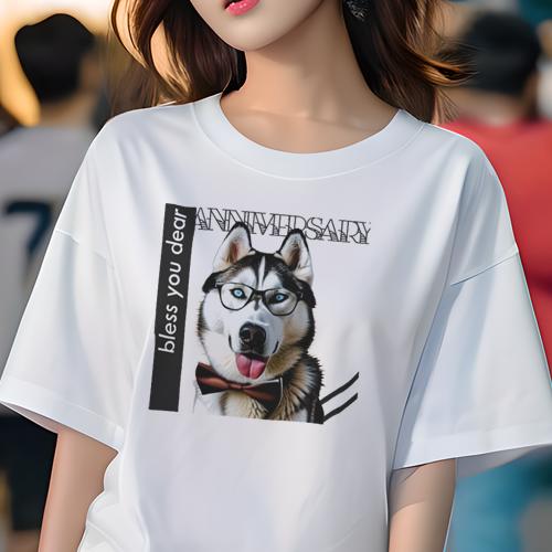 Tシャツ レディース 犬ファン 半袖 春夏 犬柄 プリント カジュアル かわいい 人間用 フィットネス ダンス メガネ シベリアンハスキー 蝶ネクタイ Tシャツ レディース 犬ファン 半袖 春夏 犬柄 プリント カジュアル かわいい 人間用 フィットネス ダンス メガネ シベリアンハスキー 蝶ネクタイ