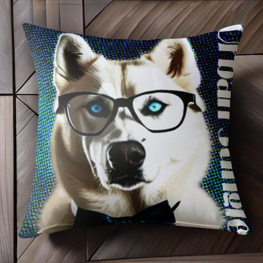 メガネ ハスキー 蝶ネクタイ クッションカバー 45×45cm アニマル柄 おしゃれ 可愛い クッション本体付き 正方形 犬ファン
