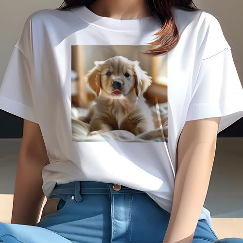 Tシャツ レディース 犬ファン 半袖 春夏 犬柄 プリント カジュアル かわいい 人間用 フィットネス ダンス 子犬 ゴールデンレトリバー