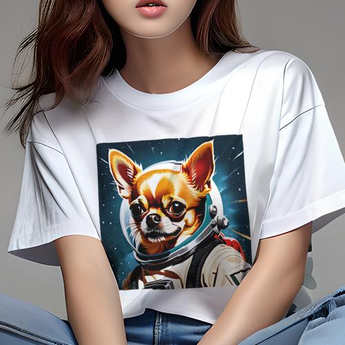 Tシャツ レディース 犬ファン 半袖 春夏 犬柄 プリント カジュアル かわいい 人間用 フィットネス ダンス 宇宙 チワワ 宇宙飛行士 スペース