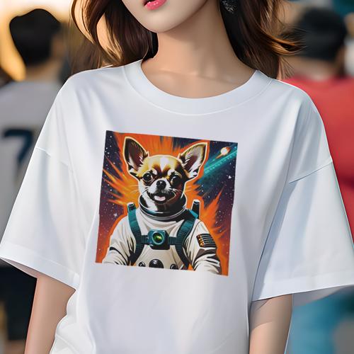 Tシャツ レディース 犬ファン 半袖 春夏 犬柄 プリント カジュアル かわいい 人間用 フィットネス ダンス 宇宙飛行士 チワワ 宇宙