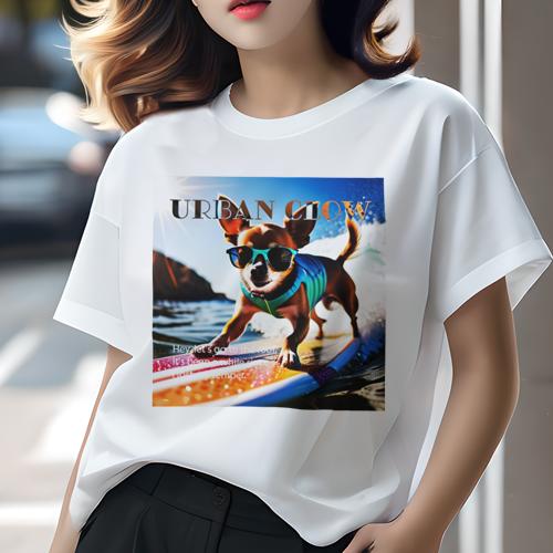 Tシャツ レディース 犬ファン 半袖 春夏 犬柄 プリント カジュアル かわいい 人間用 フィットネス ダンス サーフィン チワワ サングラス 波 夏 海(4)
