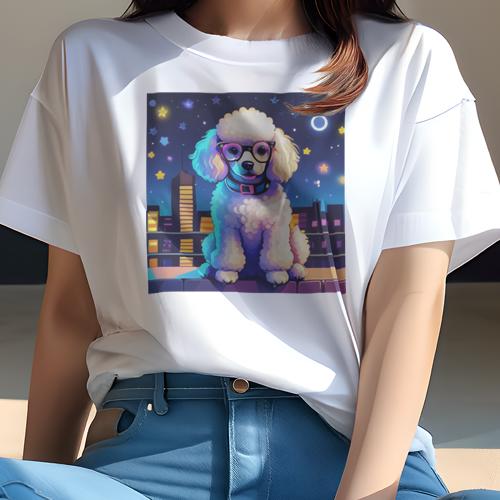 Tシャツ レディース 犬ファン 半袖 春夏 犬柄 プリント カジュアル かわいい 人間用 フィットネス ダンス 夜景 プードル 星 月 メガネ