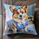 ワンピース コーギー ギンガムチェック リボン クッションカバー 45×45cm アニマル柄 おしゃれ 可愛い クッション本体付き 正方形 犬ファン