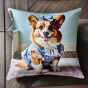 リボン コーギー ワンピース チェック柄 ピンクのストライプ クッションカバー 45×45cm アニマル柄 おしゃれ 可愛い クッション本体付き 正方形 犬ファン