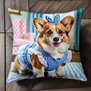 ギンガムチェック コーギー ワンピース リボン クッションカバー 45×45cm アニマル柄 おしゃれ 可愛い クッション本体付き 正方形 犬ファン