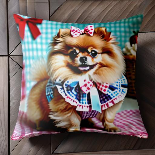 リボン ポメラニアン ギンガムチェック ケーキ クッションカバー 45×45cm アニマル柄 おしゃれ 可愛い クッション本體付き 正方形 犬ファン