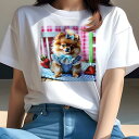 Tシャツ レディース 犬ファン 半袖 春夏 犬柄 プリント カジュアル かわいい 人間用 フィットネス ダンス イチゴ ポメラニアン チェック柄 リボン(4)