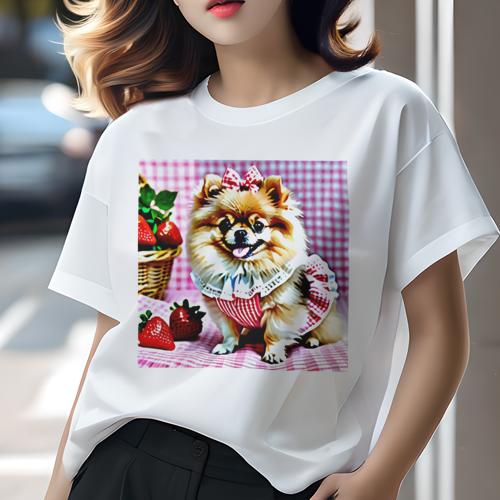 Tシャツ レディース 犬ファン 半袖 春夏 犬柄 プリント カジュアル かわいい 人間用 フィットネス ダンス イチゴ ポメラニアン バスケット チェック柄