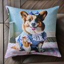 ギンガムチェック コーギー リボン ワンピース 花 クッションカバー 45×45cm アニマル柄 おしゃれ 可愛い クッション本体付き 正方形 犬ファン