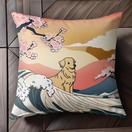 波 ゴールデンレトリバー 桜 風景 日本画 クッションカバー 45×45cm アニマル柄 おしゃれ 可愛い クッション本体付き 正方形 犬ファン